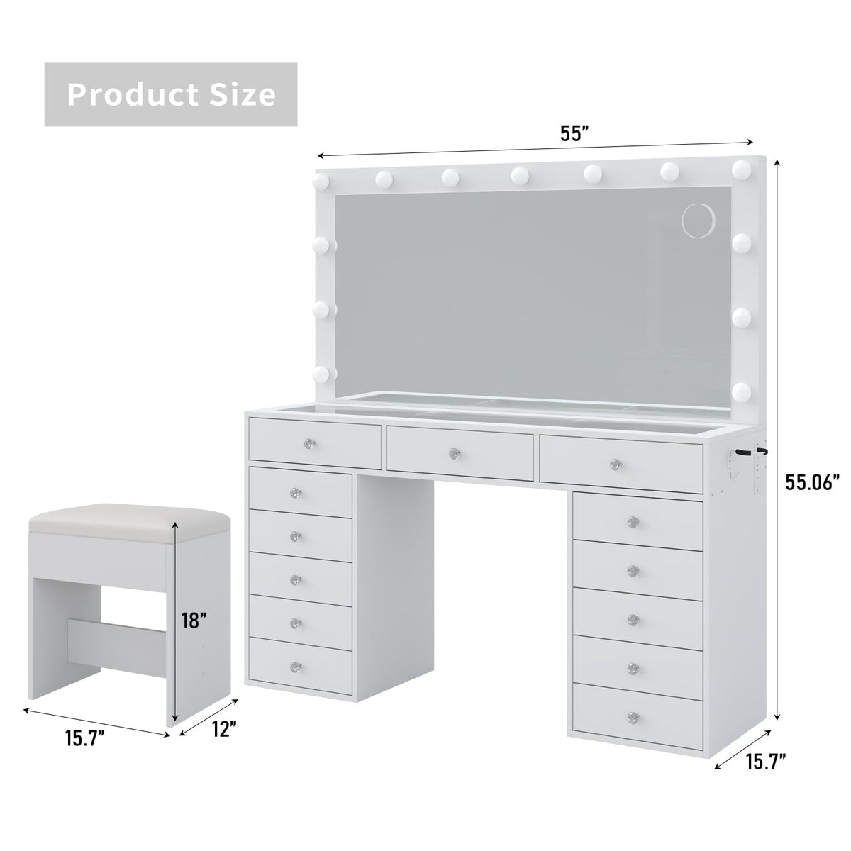 FUSOU 55'' W Makeup Vanity with Power Outlet & Lighted Mirror, Vanity Desk 13 Drawers Glass Top, 3 Lighting Modes Adjustable, Dressing Table with Chair for Bedroom