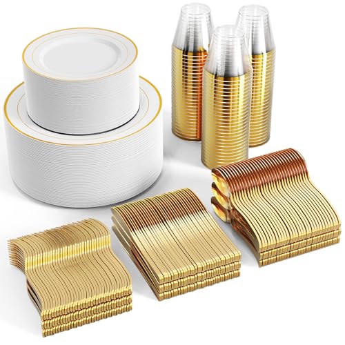 FOCUSLINE 600 Ct Gold Dinnerware Set for 100 Guests - Gold Rimmed Disposable Plastic Plates, Includes 100 Dinner & Salad P...