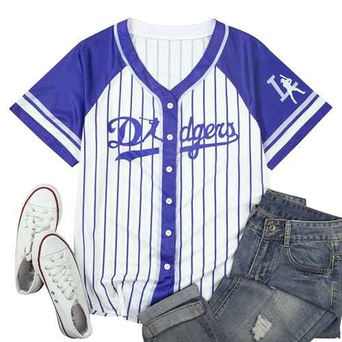 Baseball Shirt Jerseys for Women Baseball Jersey Game Day Fan Striped Baseball Player Button Down Short Sleeve Tops