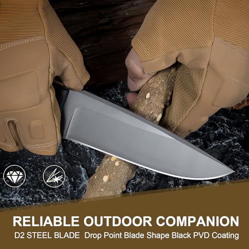 Survival Knife w Kydex Sheath,D2 Fixed Blade Steel,Full Tang Hunting Knife w Non-slip ABS Handle, Glass Breaker, Ideal for...