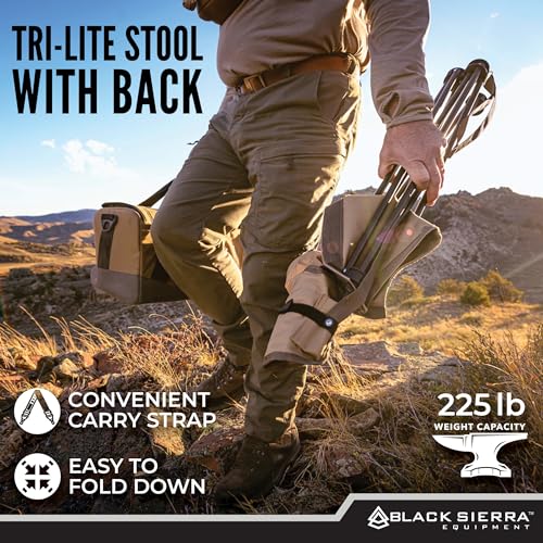 Black Sierra XL Trip-Lite Hunting Stool w/Backrest, Lightweight Portable Fishing Chair w/Cupholder and Carry Strap, Suppor...