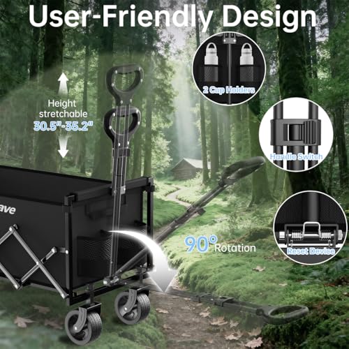 InBrave Extra Long Collapsible Wagon Cart, 480LBS Heavy Duty Utility Wagons with All-Terrain Wheels, Foldable Grocery Cart...