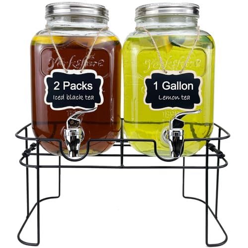 1 Gallon Glass Drink Dispenser for Parties, 2 Packs Juice Lemonade Ice Tea Water Dispenser with Stand, HENABLE Beverage Di...