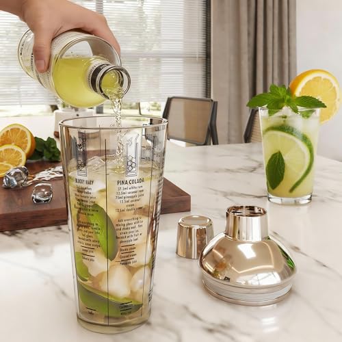 EffiQ-Rate Glass Cocktail Shaker, with Recipes and Measurements 20oz, Built-in Strainer and Leakproof Seal, Clear Bar Tool...