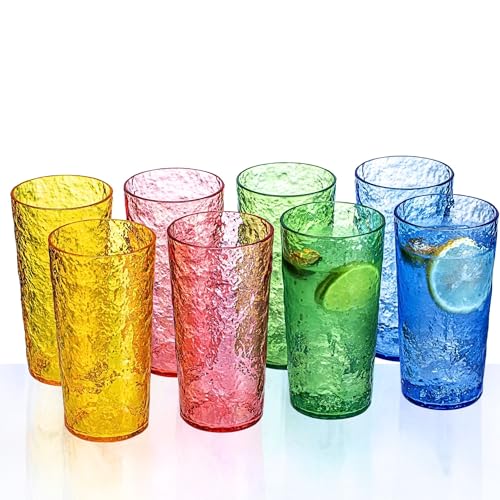 MIYOPESI 18oz Colorful Acrylic Glasses Drinkware (Set of 8), Ice-carved Design Stackable Shatter-Proof Plastic Cups, Reusa...