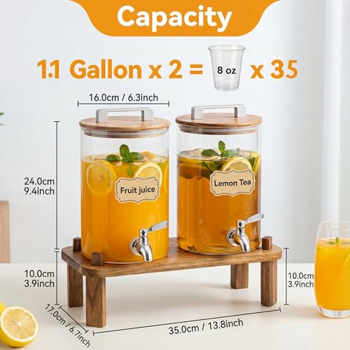 MerryNine 2PCS 1.1 Gallon Glass Drink Dispensers for Parties with Wood Stand, Punch Borosilicate Glass Beverage Dispenser,...