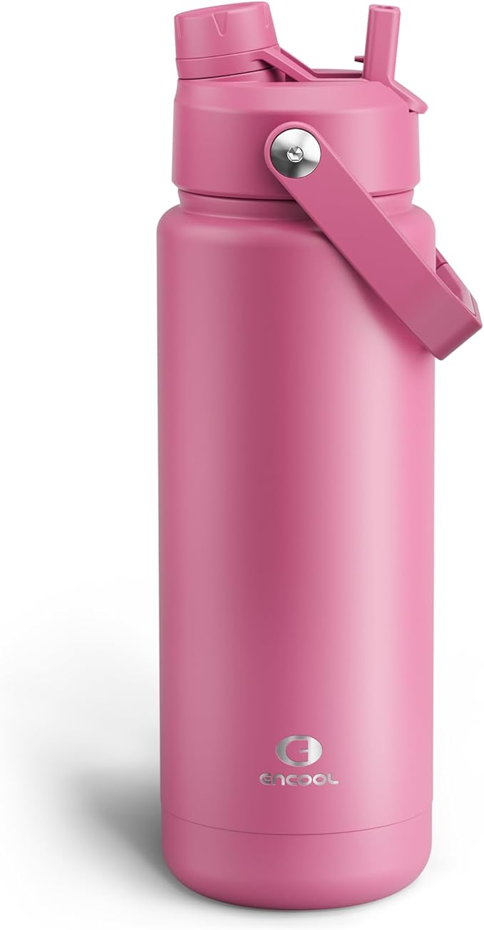 ENCOOL Insulated Water Bottle with Straw Stainless Steel Water Bottle, Leak-Proof, BPA-Free, Double Wall Vacuum Keeps Cold for 24 Hours for Sports, Travel, School (32 oz, Turkish Rose)