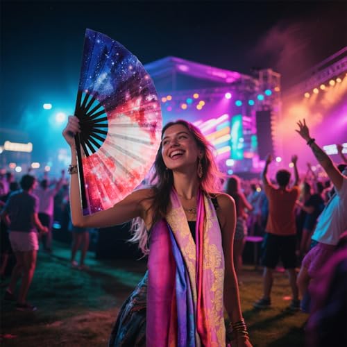 Jucoan Large Rave Fan and Pashmina Rave Scarf Floral Shawl Wrap Set for Women, 2- in-1 Rave Essential Bamboo Folding Clack...