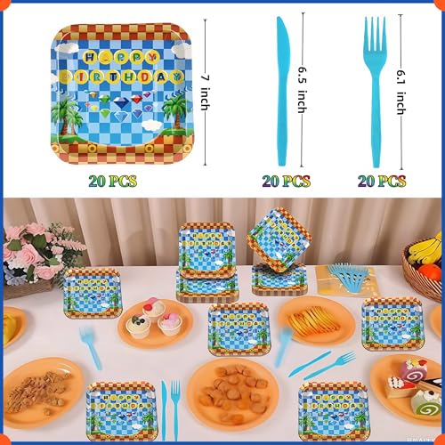 60 Pcs Hedgehog Birthday Party Supplies,Video Game Themed Decorations, Plates, Forks, Games, and Favors for Kids' Celebration