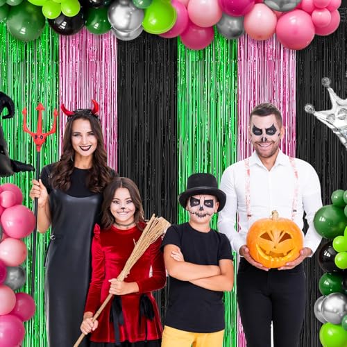 Pink Green Black Foil Fringe Curtains Backdrop Birthday Party Decorations, 4 Pack 3.28 x 6.56 Ft Witch Themed Tinsel Strea...
