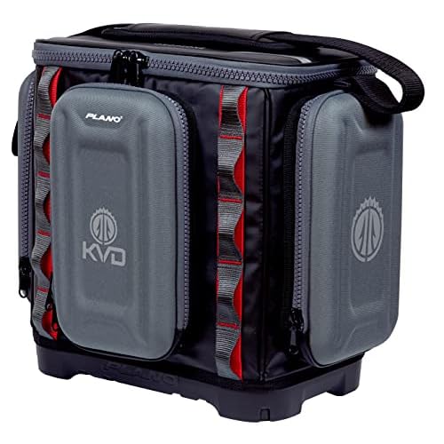 Plano KVD 3600 Signature Series Tackle Bag, Black with Red Stitching, Includes 3 Stowaway Utility Boxes, Customizable Fishing Storage, Water-Resistant TPE Coated Fabric