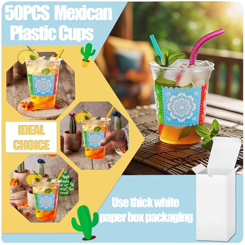 50 Count 12 oz Fiesta Plastic Cups Mexican Disposable Party Cups Cinco De Mayo Margarita Drinkware for Fiesta Cinco De May...