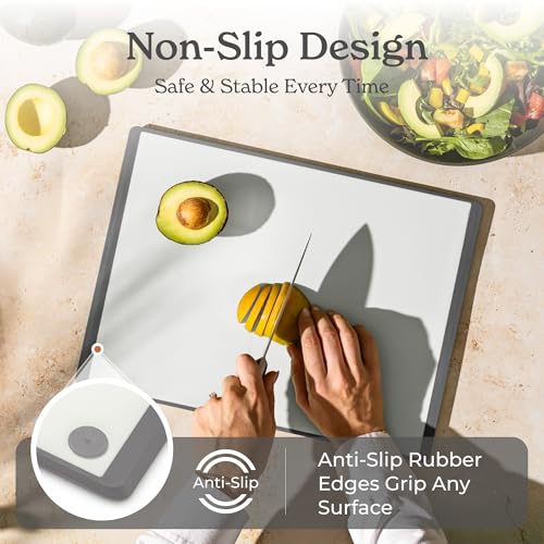 SMIRLY Plastic Cutting Board Set with Holder 3 Pieces, Non-Slip Dishwasher Safe Chopping Boards for Kitchen, Grey & White