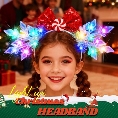 BARTOSI Light Up Christmas Snowflake Headband Xmas Bow Headbands Holiday Hair Accessories for Women and Girls