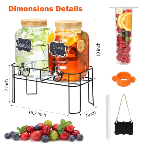 2 Pack 1 Gallon Glass Drink Dispenser with Bamboo Lid, Beverage Dispenser with Stand, Drink Machine for Lemonade, Iced Dri...