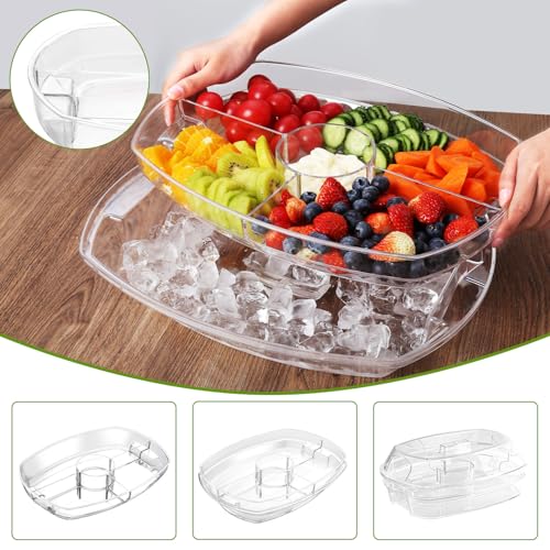 IVYHOME 3-Tier Chilled Serving Tray with Lid, 15" Fruit Ice Serving Platter with 4 Compartments, Shrimp Cocktail Serving D...