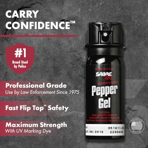 SABRE Tactical Pepper Gel With Belt Holster For Easy Carry, Maximum Police Strength OC Spray, Quick Access Fast Flip Top S...