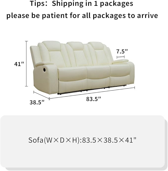 Toseslo Power Leather Recliner Sofa Set with LED Light, Leather Sectional Sofa Set, Living Room Furniture Sets, Modern Power Reclining Sets for Living Room(Creamy White)