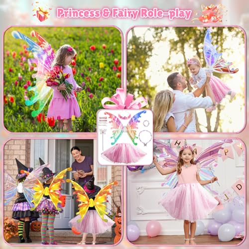 Princess Dress up Costume with Electric Fairy Wings for Girls 3-8, Light Up Moving Butterfly Wings with LED Lights&Music, ...