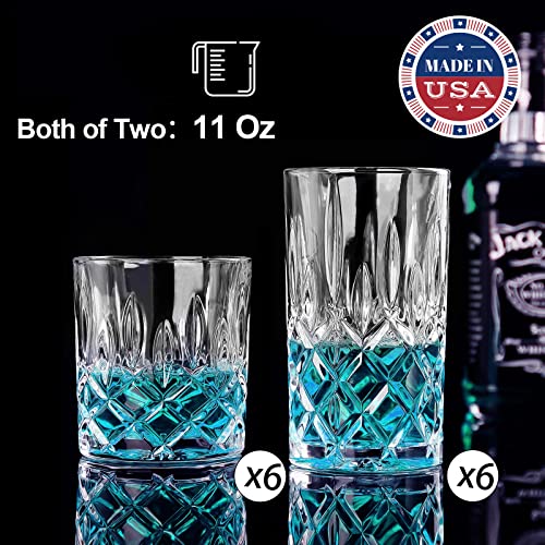 Claplante Drinking Glasses, 12 Piece Crystal Glass Cups, Mixed Glassware Set, 6 pcs Crystal Old Fashioned 11oz Highballs a...