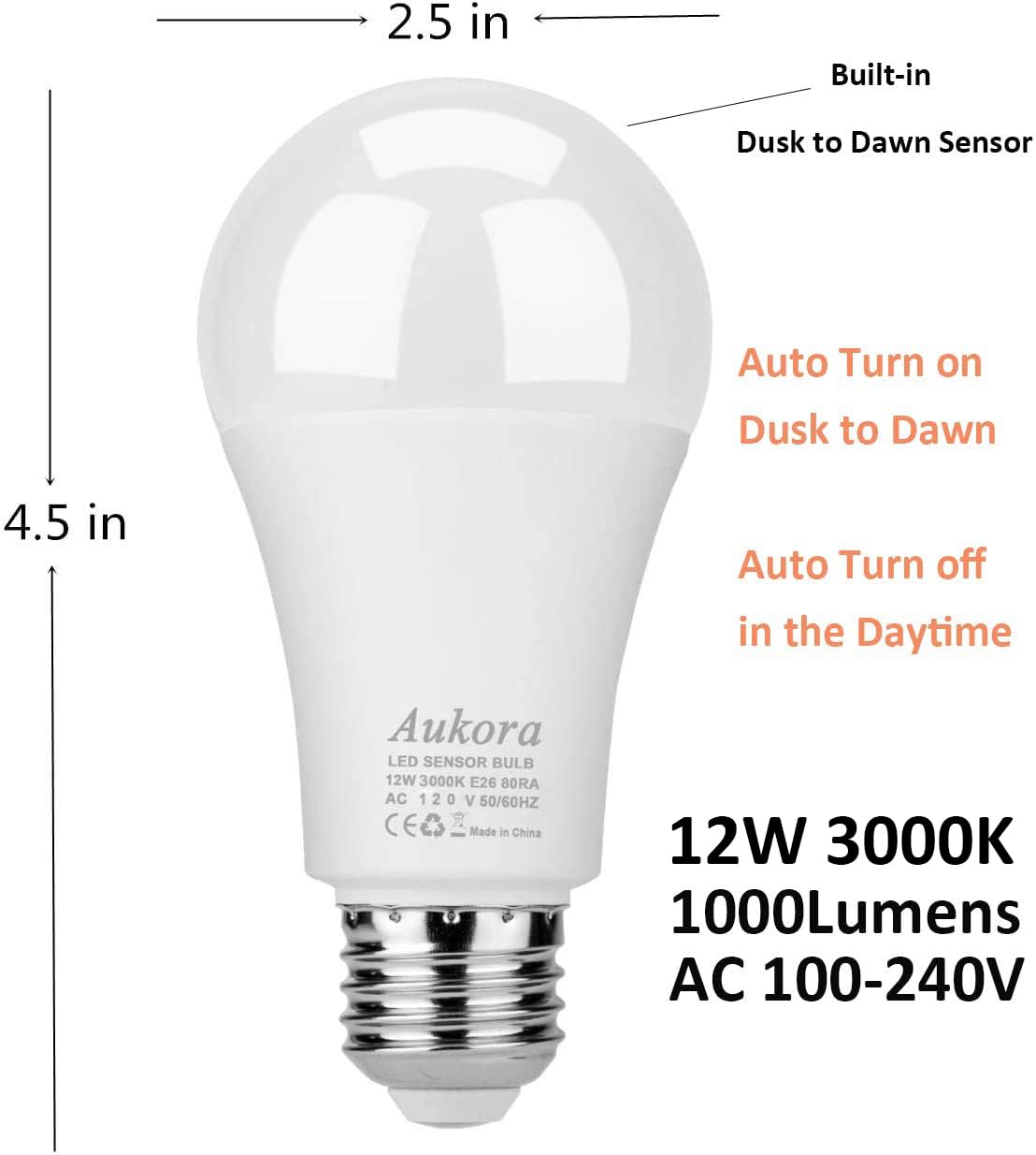Dusk to Dawn Light Bulb, Aukora Smart Sensor LED Light Bulb, 12W (100-Watt Equivalent), 3000Kelvin, E26 Base Automatic On/Off Led Bulb Outdoor/Indoor for Porch Garage Patio Garden(Warm White, 3 Pack)