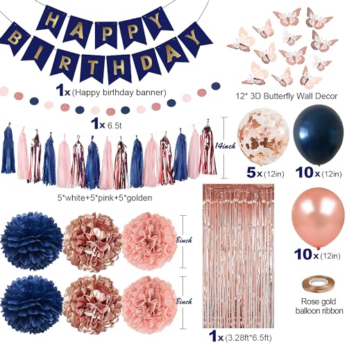 Pugkloy Rose Gold and Navy Blue Birthday Party Decorations with Happy Birthday Banner, Curtains, Butterfly Wall, Circle Do...