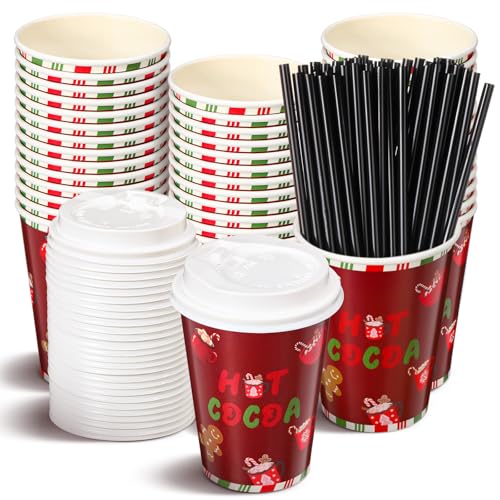 Jingmore 50 Set Christmas Hot Cocoa Paper Cups 12 oz Christmas Disposable Coffee Cups with Lids Straw Holiday Cup Bulk for...