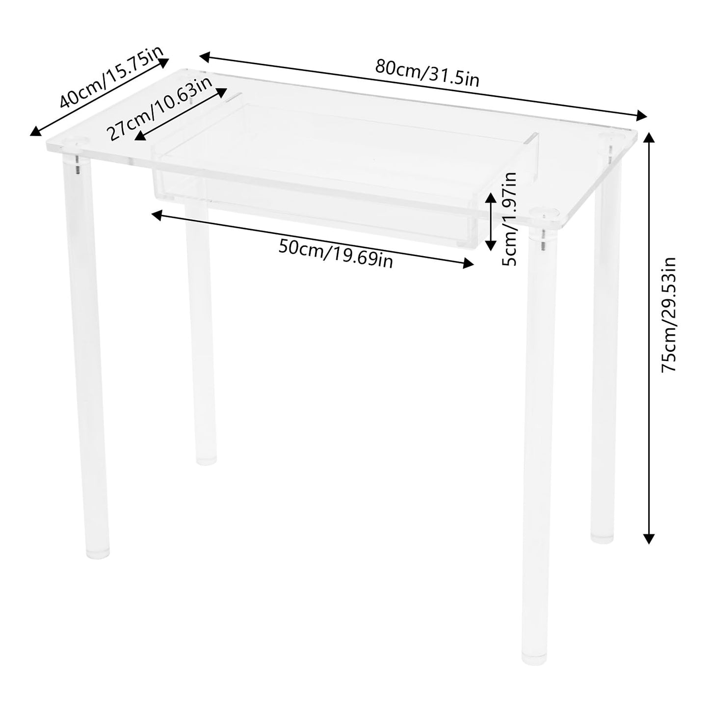 QIUTMER Acrylic Makeup Vanity Desk, Clear Table with Drawer, 31.5" L x 15.75" W x 29.53" H, Large Storage Space, for Home Office for Bedroom, Dressing Room, Modern, Easy Assembly