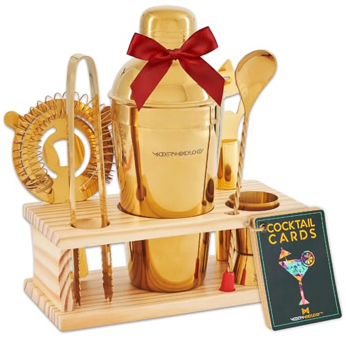 Modern Mixology Cocktail Shaker Set - 8 Piece Bartender Kit on Quality Pine Stand | Complete Cocktail Kit Gift Set | Top B...
