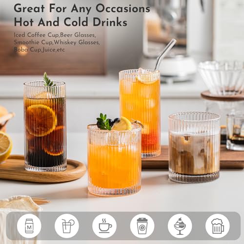 INSETLAN Set of 8 Vintage Glassware - 4 Highball Glasses 12 oz, 4 Rocks Glass Cups 14 oz, Ribbed Glassware Cocktail Glasse...