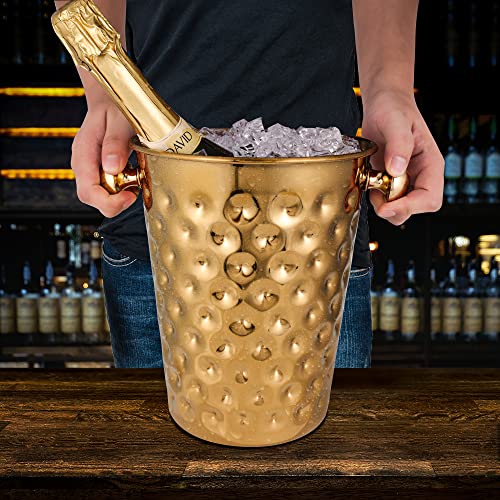 BARsics 5-Quart Metal Golden Champagne Bucket, Hammered Mirror Finish Stainless Steel Ice Bucket for Party, Wedding, Banqu...