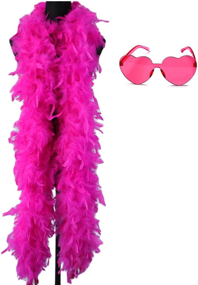 JICASTO Turkey Feather Boas, 60g 6.6ft Colors Boa with Heart Sunglasses for Women Dancing Wedding Party Cosplay Halloween