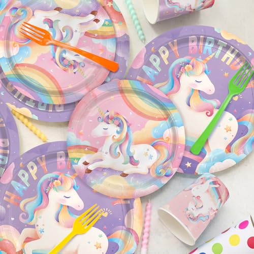 birthday Party Supplies Kit for 24 Guests - for Unicorn Birthday Decorations, Includes Dinner & Dessert Plates, Napkins, C...