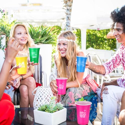 Domensi 120 Pcs Hawaiian Luau Party Plastic Cups 16 oz Summer Beach Tropical Plastic Disposable Cup Hot Cold Drink Wine Co...