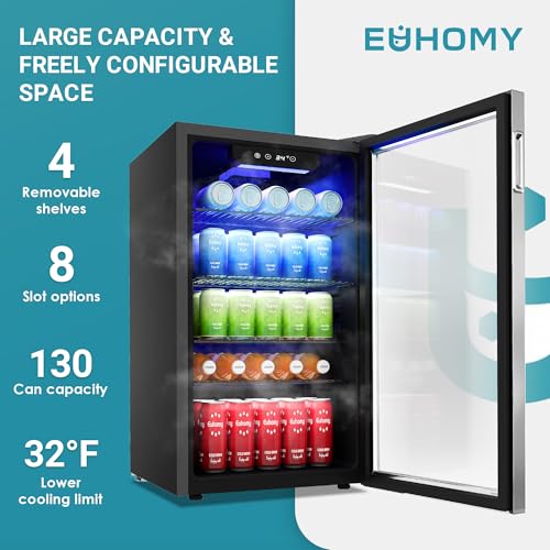 EUHOMY Beverage Refrigerator Cooler, 130 Can Mini Fridge with Glass Door for Soda Beer or Wine, Beverage Cooler for Home, ...