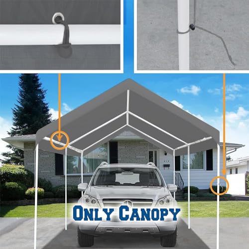 Rutile 10 x 20 FT Carport Replacement Cover, Heavy Duty Car Tarp Canopy Tent Replacement Top w/Ball Bungees Gray (Only Top...