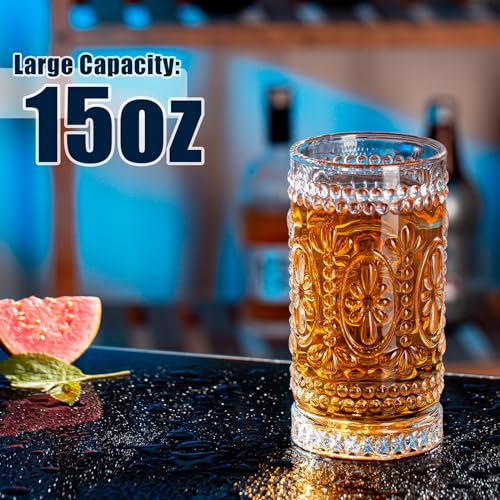 Claplante Vintage Drinking Glasses Set - 12 Pcs Romantic Highball Tumblers, 15oz Cups for Water, Mojito, Cocktail, Whiske...