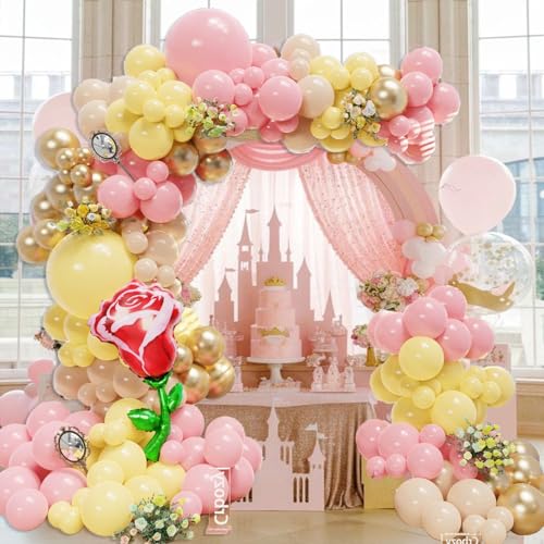 142Pcs Pink and Yellow Balloon Arch Kit, Pastel Pink Yellow Light Brown Metallic Gold Balloons with Red Rose Foil Balloon ...