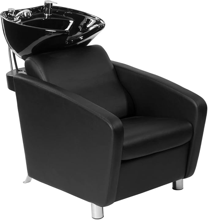 Buy-Rite Shelby Shampoo Backwash Station - Professional Salon Backwash Unit w/Deep Tilting Porcelain Sink, Wide Reclining Chair, Dual-Function Nozzle, Vacuum Breaker - Black, YLG-556-BLK