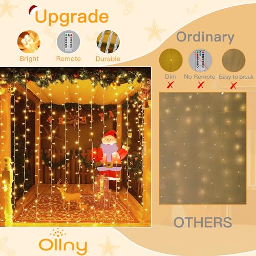 Ollny Curtain Lights 6.6x6.6ft, 200 LED String Lights with Remote 8 Modes Dimmable Timer, USB Power Fairy Light for Bedroo...