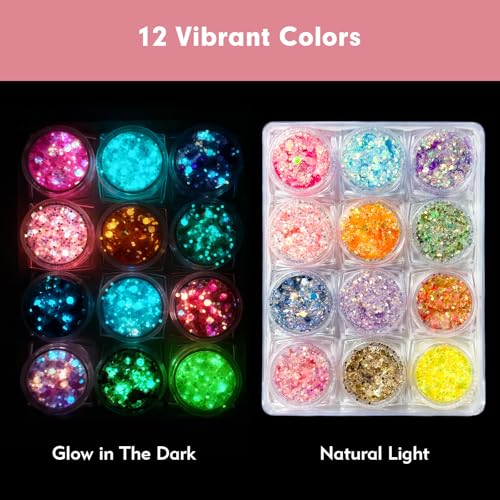 CNDNO 12 Colors Glow in The Dark Glitter Gel,Makeup Chunky Fine Glitter for Women, UV Black Light Body/Face/Hair/Eyeshadow...