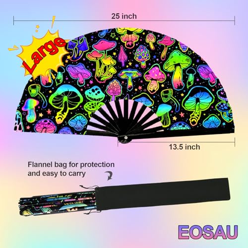 EOSAU UV Glow Large Rave Fan Folding Hand Fans for Line Dancing Portable Handheld Clack Fan for Festival EDM Party Music O...