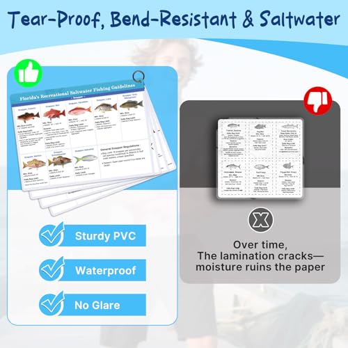 OCQOTAT Florida Saltwater Fish& Shark Identification Set–4 Double-Sided Waterproof Quick-Reference Fishing Guide Cards wit...