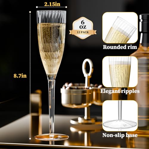 GuanQiao 16 Pack Clear Champagne Flutes, 6oz Disposable Wine Glasses with Long Stem, Reusable Plastic Cocktail Glasses for...