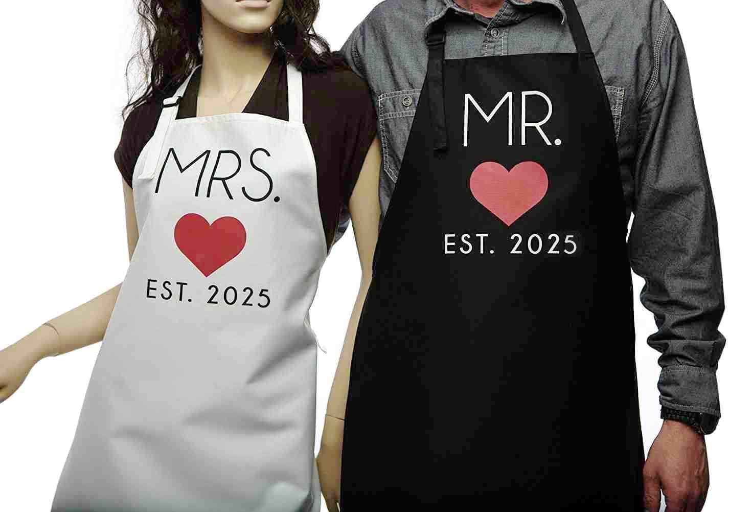 GSM Brands Mr. and Mrs. 2025 Couples Kitchen Aprons (2-Piece Set) Cute, Funny Cooking Bibs for Wedding Marriage Newlyweds