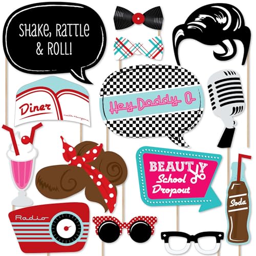Big Dot of Happiness 1950s Sock Hop Photo Booth Props Kit, 20-Piece Retro Rock N Roll Party Accessories, 50s Vintage Style...
