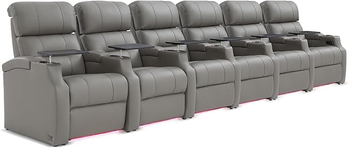 Weilianda Home Theater Seating, Top Grain Leather Sectional Seats Recliner Chair, Zero Gravity Reclining Sofa with Power Headrest 7 Colors Ambient Lighting USB C Charge Row of 6 Grey