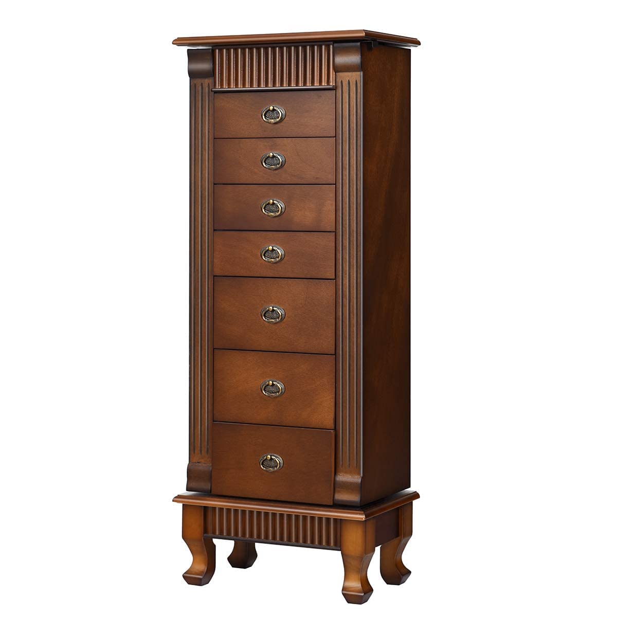 OFFICEJOY Jewelry Armoire Cabinet, Wooden Standing Jewelry Box w/ 7 Drawer, 2 Side Door, Flip Top Mirror, 12 Necklace Hook, Tall Jewelry Storage Chest for Women