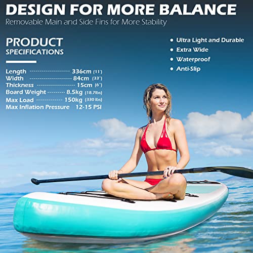 ADVENOR Paddle Board 11'x33 x6 Extra Wide Inflatable Stand Up Paddle Board with Hand Pump,Leash, Adjustable Paddle For Bas...