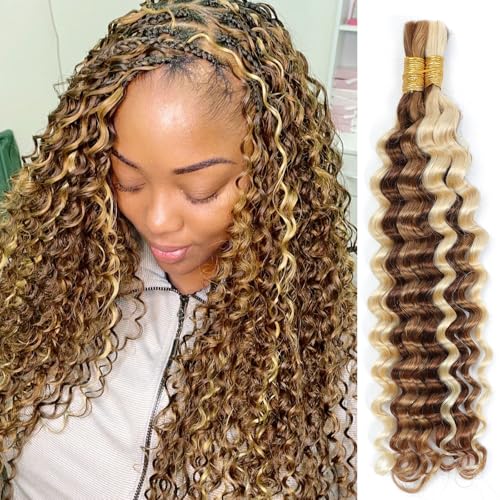P27/30/613 Human Braiding Hair for Boho Braids Highlight Brown Blonde Deep Wave Bulk Human Hair for Braiding Crochet Curly Braiding Human Hair Knotless Bohemian Braids100g (2 of 50g) 18 Inch